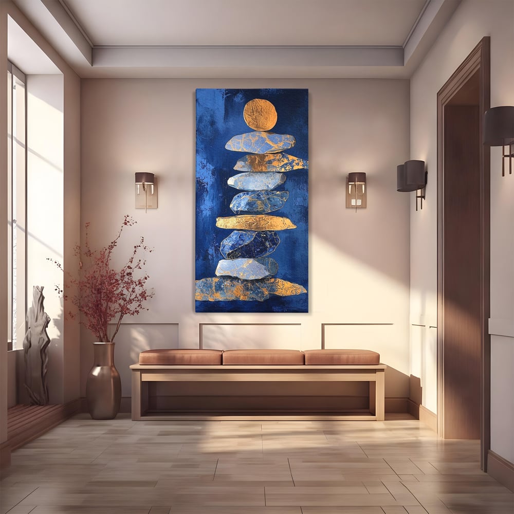 Tablou canvas cu tablou canvas cu stive de pietre si cerc auriu, fara rama, pe sasiu de lemn